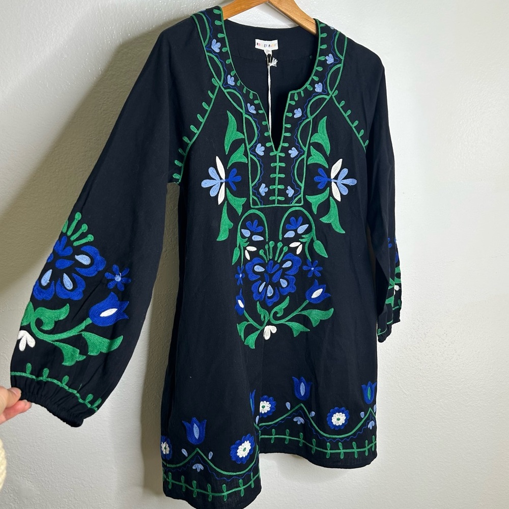 NWT Roller Rabbit Black Floral Embroidered Long Sleeve Cotton Linen Dress XS